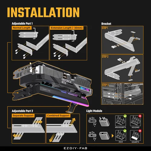 Vista 6 de EZDIY-FAB Soporte Abrazadera para GPU ARGB de 5V, Refuerzo de Soporte para Tarjeta Gráfica GPU, Soporte para Tarjeta de Video, Estructura