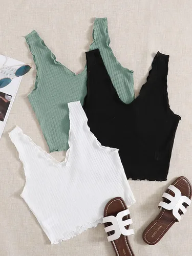 Vista 5 de Milumia Conjunto de 3 piezas de camisetas sin mangas de punto acanalado con cuello en V para mujer