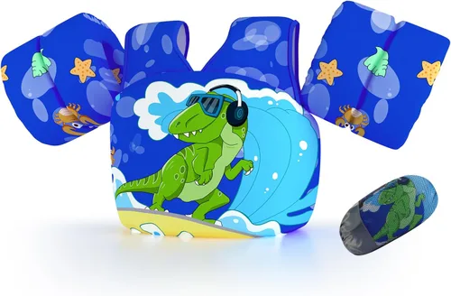 Vista 18 de Chaleco de natación para niños pequeños, apto para niños de 28 a 70 libras, flotadores para niños y niñas, ayuda a la natación, entrenamiento, traje