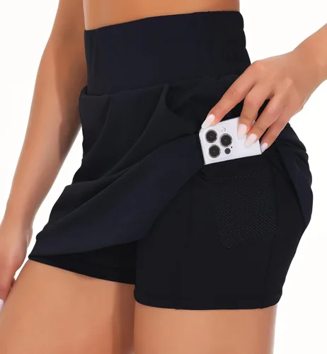 Vista 5 de THE GYM PEOPLE - Falda pantalón de golf para mujer, de cintura alta, ligera, atlética, casual, pantalones cortos integrados con 4 bolsillos