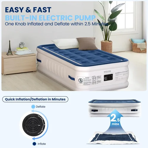 Vista 7 de KINGJERRY Colchón de aire doble con bomba integrada y 4 asas portátiles, colchón inflable elevado de 18 pulgadas para invitados, cama de aire