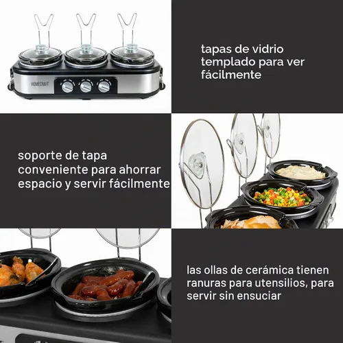 Vista 4 de HomeCraft HCTSC15SS Olla de cocción lenta de acero inoxidable de 3 estaciones de 1.5 cuartos ovalada para buffet, con tapa y reposa cucharas