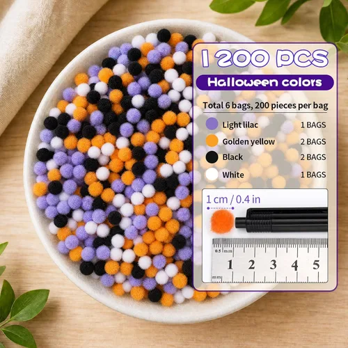 Vista 2 de 1200 pompones de Halloween, pompones de 0.4 pulgadas para manualidades