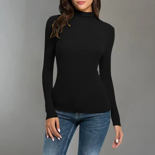 Vista 2 de Camisas de manga larga con cuello de tortuga para mujer, color sólido, túnicas básicas y cómodas, blusas de ocio