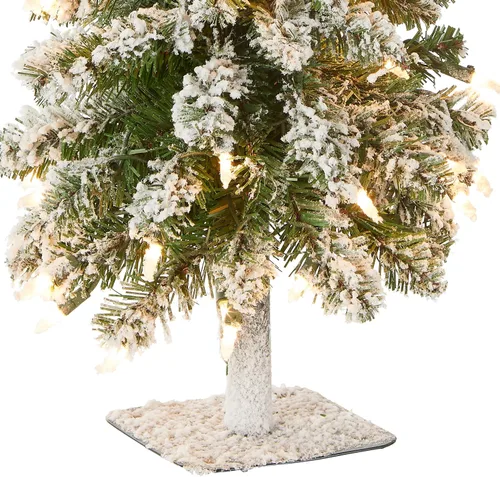 Vista 3 de National Tree Company - Mini árbol de Navidad artificial preiluminado de 2 pies Snowy Downswept Forestree, 50 luces transparentes, 130 puntas, base