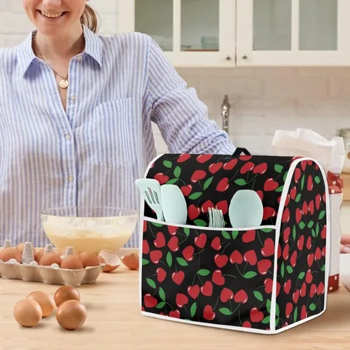 Vista 4 de Cubierta negra para mezcladora de cocina de 4.5 a 5 cuartos de galón con patrón de cerezas, corazón rojo, piezas de repuesto de tamaño pequeño