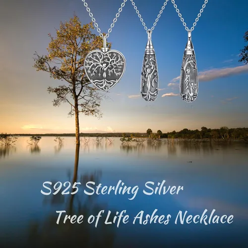 Vista 170 de Collar con colgante de urna de cenizas de cremación y árbol de la vida para mujer, plata de ley US1