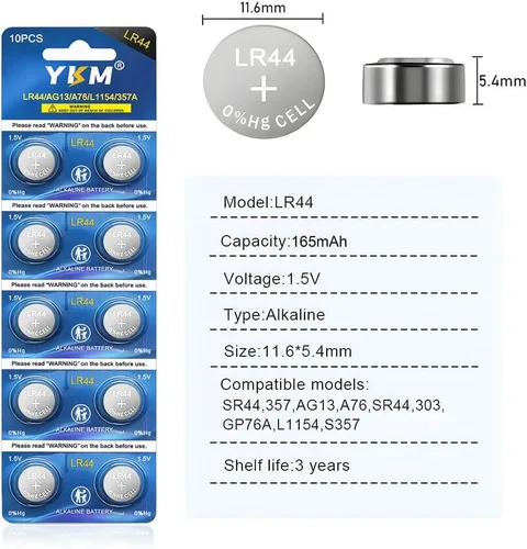 Vista 2 de YKM Paquete de 10 Baterías LR44 AG13 L1154f A76 357/303 L1154 L1154c LR44h 1.5V Baterías Alcalinas para Calibrador Digital Batería de Reloj
