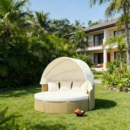 Vista 6 de KEVINSPACE Sofá cama para patio al aire libre con toldo retráctil, cojines lavables, muebles redondos de mimbre para exteriores, sofá modular de 65