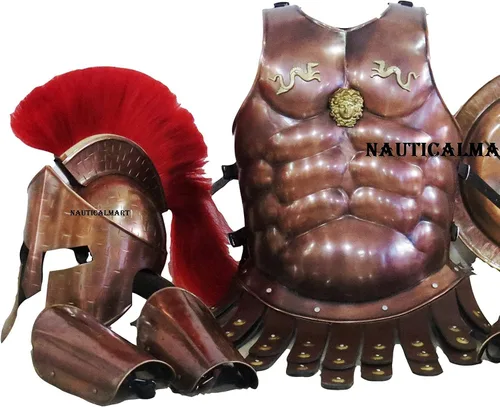Vista 4 de NauticalMart Medieval King Spartan Cobre 300 Casco WRed Plume Muscle Jacket Leg Brazo Protectores