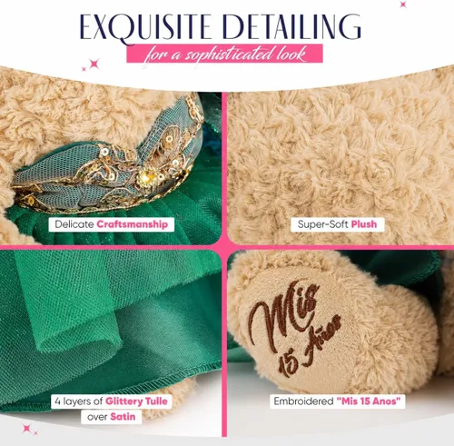 Vista 6 de Centro de mesa grande de 20.0 in de oso de peluche de quinceañera - Vestido elegante, regalo de recuerdo de gran tamaño para 15 años, decoración