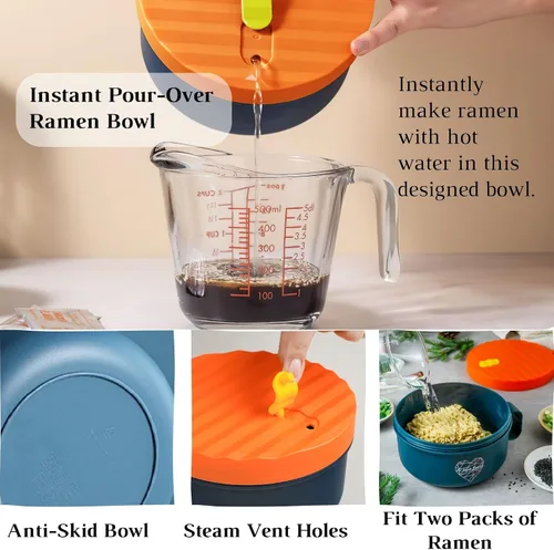 Vista 8 de Tazón de ramen para microondas para sopa y fideos instantáneos con bolsa de almuerzo aislada con cultery, cocina de ramen para microondas