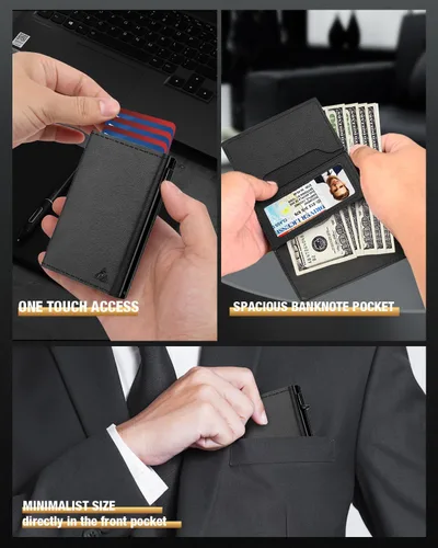 Vista 5 de Cartera Tarjetero para Hombres - Estuche de Aluminio Desplegable, Cuero de Microfibra Flexible Premium, Cartera Inteligente para Hombres, Bloqueo