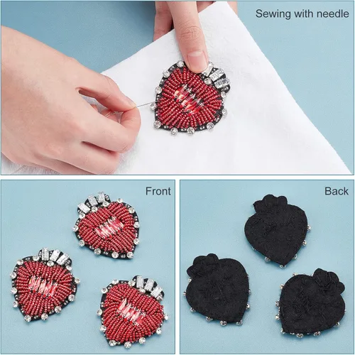 Vista 5 de INFUNLY Parche de corazón de diamantes de imitación, 3 parches de cuentas de corazón hechos a mano, corazón rojo para coser en apliques, insignias