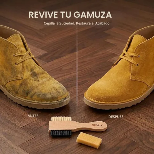 Vista 2 de Wilkins Kit completo de limpieza de gamuza - Cepillo limpiador de zapatos de cerdas 2 en 1 con borrador de gamuza