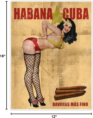 Vista 10 de Póster de viaje con diseño de puros cubanos en lienzo, diseño vintage de niña Pinup con medias de red, para viaje: Habanas Mas Fino