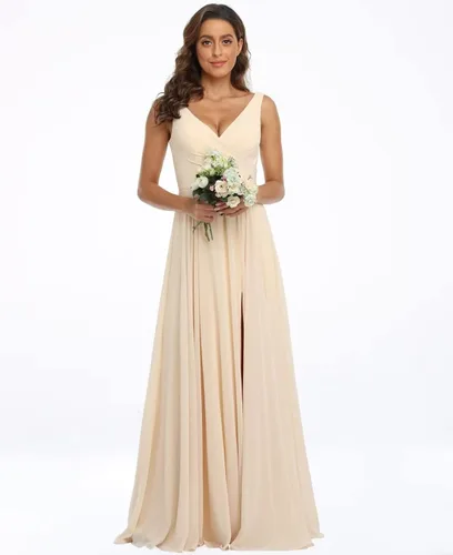 Vista 6 de Vestido de dama de honor de gasa con cuello en V, vestido de fiesta formal de boda