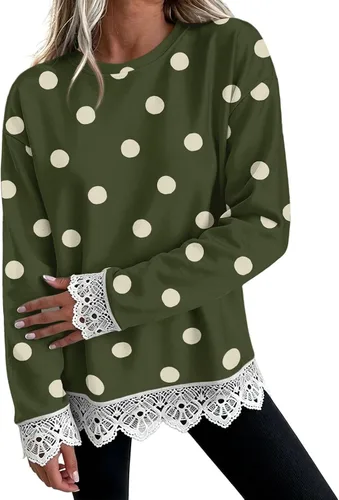 Vista 8 de Fall Sweatshirts for Women Crewneck Scalloped Lace Trim Cute Pullover Tops Lightweight Long Sleeve Polka Dot Sweatshirt,Oversized Leopard Print A