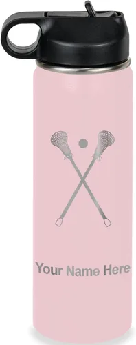 Vista 28 de LaserGram Botella de agua personalizada, palitos de lacrosse, acero inoxidable de doble pared aislada al vacío con popote superior, regalo grabado