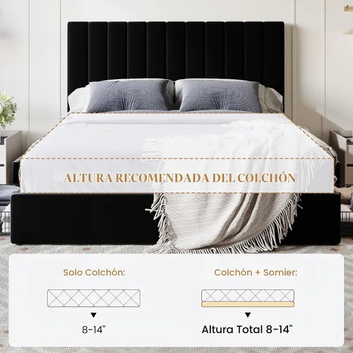 Vista 9 de SHA CERLIN Base de cama de plataforma tamaño matrimonial con 4 cajones de almacenamiento, cabecera acolchada vertical con diseño acanalado