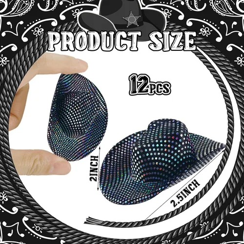 Vista 5 de Sotiff 12 piezas de mini sombrero de vaquero pequeño disco purpurina Negro