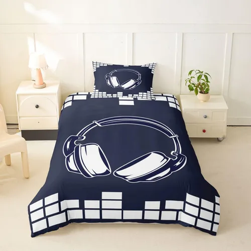 Vista 2 de Feelyou - Funda de edredón con estampado de auriculares, juego de ropa de cama con temática musical, patrón geométrico musical, funda de edredón