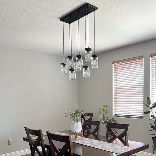 Vista 5 de Wellmet Candelabro de tarro Mason de 8 luces para comedor, rústico de granja lineal para sala de estar, iluminación de isla de cocina, acabado negro
