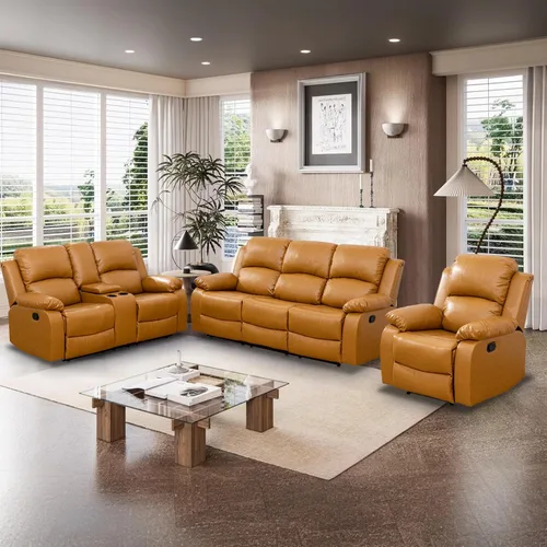 Vista 36 de Juego de Muebles para Sala de Estar, Juego de Sofá Reclinable Manual, Juegos de Sofás Reclinables de Cuero Beige con Mesa Desplegable, Sofá