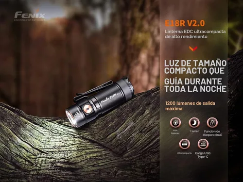 Vista 2 de Fenix E18R V2.0 linterna EDC, 1200 lúmenes USB-C recargable ultra compacta luz de bolsillo (Negro)