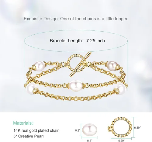 Vista 2 de AiliFe Pulseras de doble capa de perlas de oro para mujer, pulsera chapada en oro amarillo real de 14 quilates, pulsera de perlas delicadas