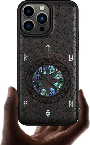 Vista 14 de Carveit Funda magnética de madera de diseñador para iPhone 14 Pro Max, grabado en madera e incrustaciones de concha, funda de madera única