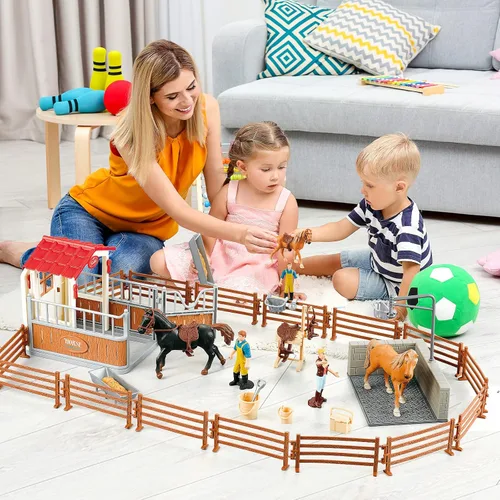 Vista 5 de Peagrav - Juego de establo para caballos con jinete, área de lavado, valla y figuras de animales, regalos para niñas y niños de 3 a 8 años