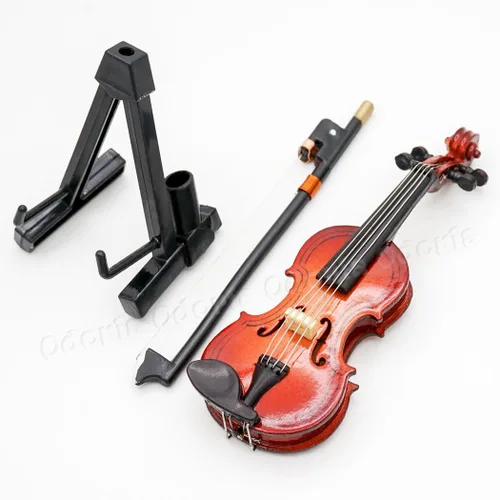 Vista 2 de Odoria 1:12 Violín con soporte de arco y caja de madera, instrumento musical casa de muñecas miniatura