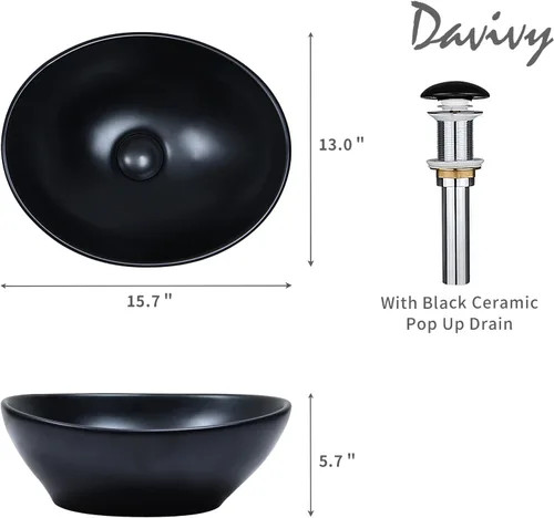 Vista 3 de Davivy Fregadero ovalado negro mate de 15.7 x 13 pulgadas con drenaje desplegable, fregaderos de baño sobre encimera, fregaderos de baño, fregaderos