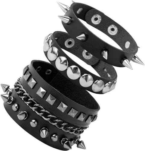 Vista 3 de Juego de 4 pulseras de cuero punk para hombres y mujeres, cuentas negras, tachuelas piramidales, espiga trenzada y puños de hebilla tachonados