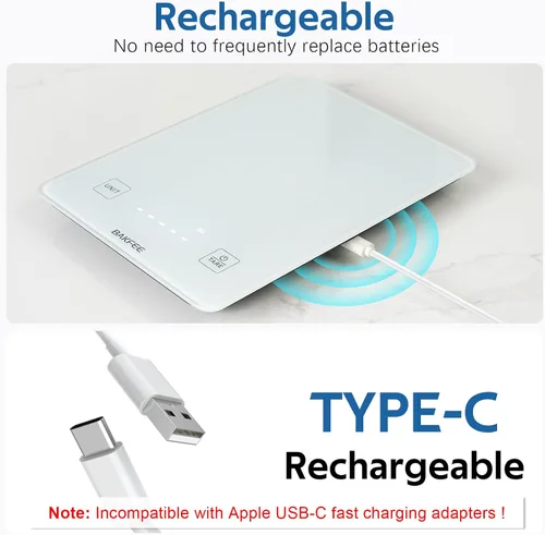 Vista 5 de Báscula de cocina impermeable IP67 con superficie de vidrio, báscula de alimentos de 10 kg, precisión de 1 g/0.1 oz, recargable por USB, pantalla