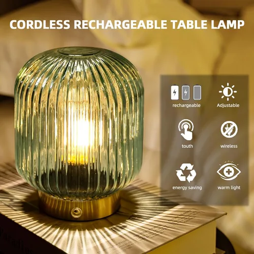 Vista 9 de MJ PREMIER Lámpara de mesa recargable, lámpara inalámbrica con función de memoria, verde Pequeña lámpara de cristal LED con brillo de Dimmable