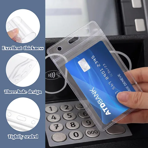 Vista 4 de Paquete de 100 soportes verticales para tarjetas de identificación, de plástico transparente, impermeable, resellable para oficina, profesores
