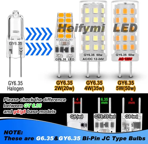 Vista 6 de Heifymi AC100-240V GY6.35 Bombilla LED equivalente a 5 W Halgoen JC tipo GY6.35/G6.35 base bi-pin blanco cálido 2700 K para candelabros, colgante