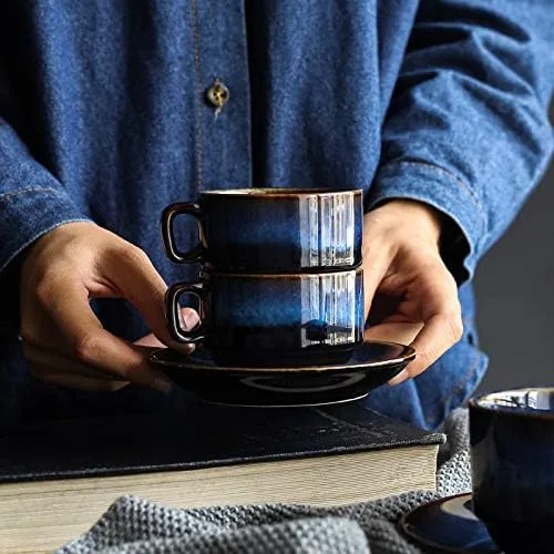 Vista 5 de Juego de 4 platillos de café de cerámica azul profundo