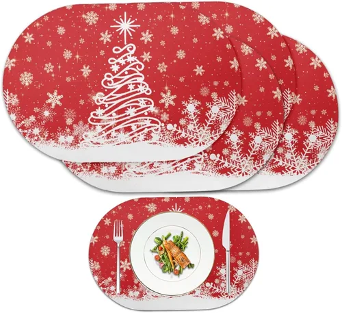 Vista 15 de Juego de 2 manteles individuales con luces de Navidad, resistentes al calor, antideslizantes, impermeables, a prueba de aceite, lavables, lavables