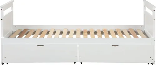 Vista 4 de Sofá cama individual con nido y cajones de almacenamiento, sofá cama extensible de madera con cama extraíble, sofá cama individual a king, ahorro