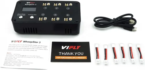 Vista 6 de VIFLY WhoopStor V3 6 Puertos 1S LiPo Cargador de almacenamiento de batería y descargador con pantalla LCD Pequeño cargador Whoop con conectores