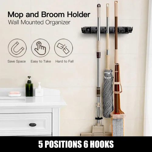 Vista 3 de IMILLET Soporte para trapeador y escoba, organizador de pared, estante de herramientas de almacenamiento para trapeador y escoba con 5 ranuras