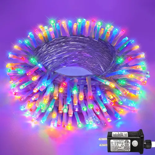 Vista 10 de Guirnalda de 120 luces LED rojas impermeables para exteriores, luces de Navidad rojas de 40 pies, 8 modos, cable transparente, guirnalda de luces