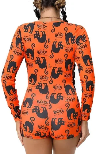 Vista 6 de Disfraz de Halloween para mujer, divertido traje de manga larga con cuello en V, bodycon, pantalones cortos, calabaza, gato, traje de gato