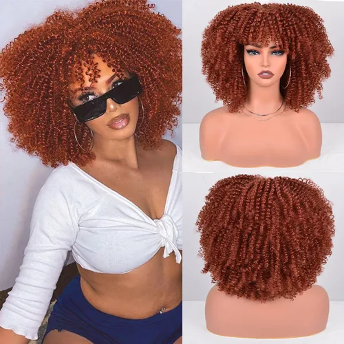 Vista 31 de Vitorish Peluca corta afro rizada con flequillo para mujeres negras, peluca sintética resistente al calor, color negro natural, para uso diario
