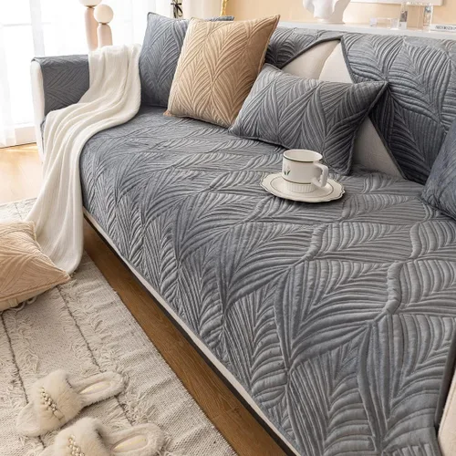 Vista 11 de vctops Fundas acolchadas de terciopelo súper suave para sofá y sillón, funda antideslizante para sofá seccional con patrón de hojas, forro de sofá