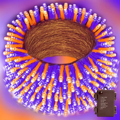 Vista 29 de LAMPHOME Luces de Navidad multicolor que funcionan con pilas, 34.1 pies, 100 luces LED impermeables de cadena para árbol de Navidad con 8 modos