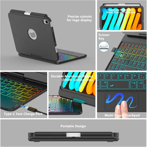 Vista 6 de FUWANG Funda con teclado y panel táctil para iPad mini 7 A17 Pro 2024 y Mini de 6ª generación 2021 de 8.3 pulgadas - Teclado retroiluminado de 7